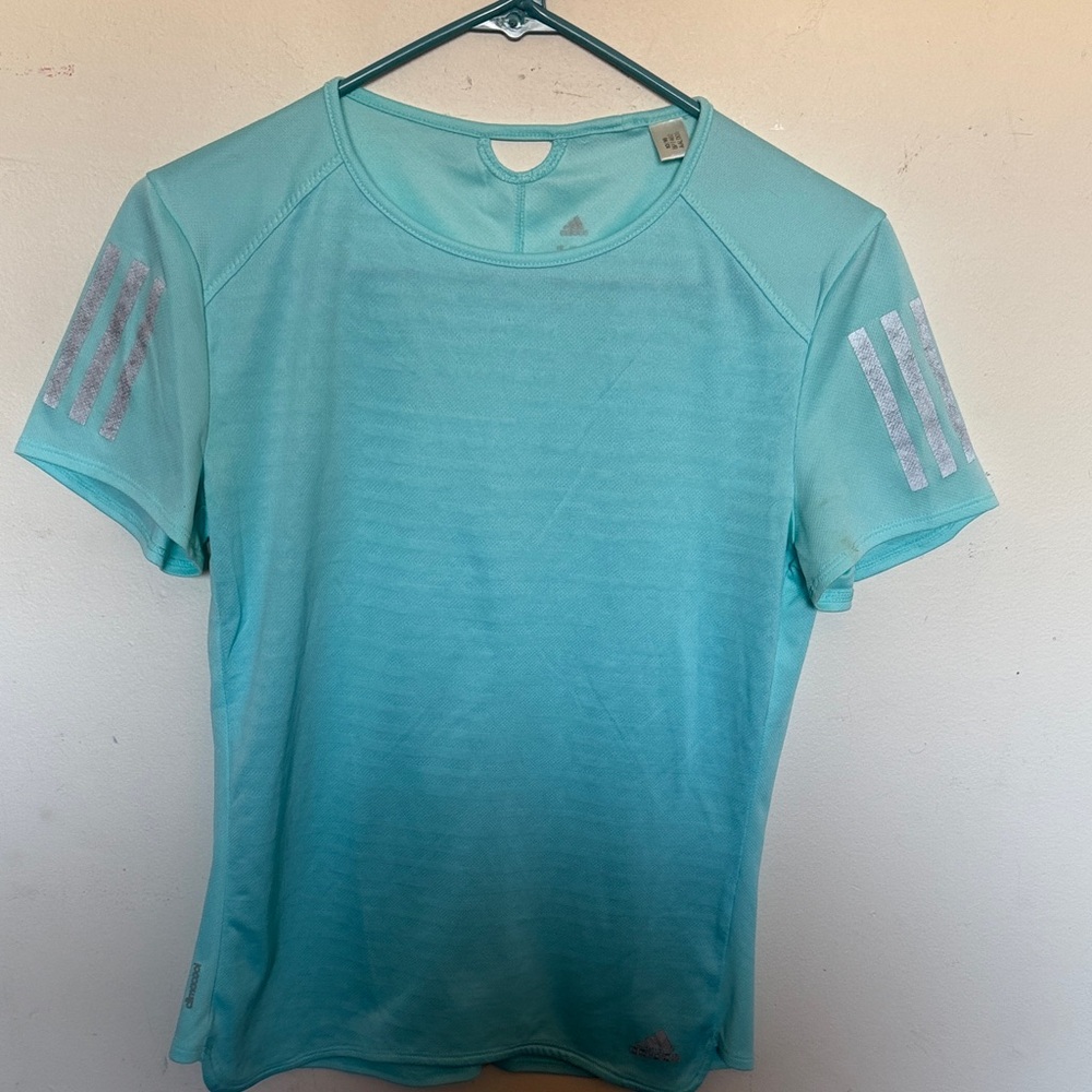 Adidas Aqua Blue Sports Tee with Silver Stripes